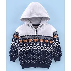 Babyhug Cotton Knit Full Sleeves Bear Printed Sweatjacket with Zipper & Hood - Grey