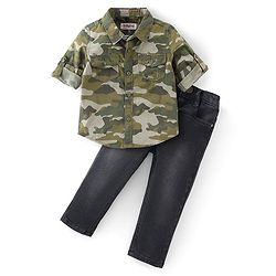 Babyhug Cotton Knit Full Sleeves Shirt & Denim Jeans With Camouflage Print - Green & Black