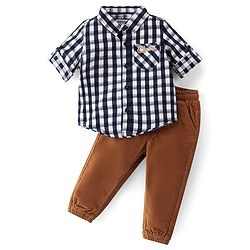 Babyhug Cotton Knit Full Sleeves Shirt & Lounge Pant With Checkered & Text Embroidery - Blue &  Brown