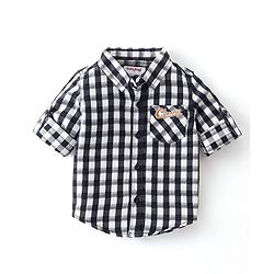 Babyhug Cotton Knit Full Sleeves Shirt & Lounge Pant With Checkered & Text Embroidery - Blue &  Brown