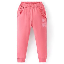 Babyhug Cotton Looper Knit Full Length Butterfly & Frill Detailing Lounge Pant - Pink