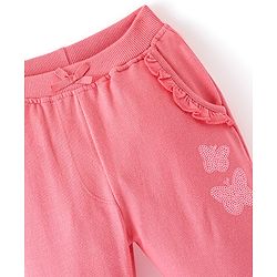 Babyhug Cotton Looper Knit Full Length Butterfly & Frill Detailing Lounge Pant - Pink