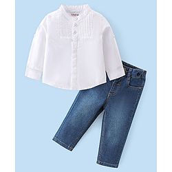 Babyhug Full Sleeves Solid Color Shirt & Denim Jeans - White & Blue