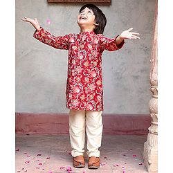 Babyhug 100% Cotton Woven Full Sleeves Kurta & Pyjama Set Floral Print - Red