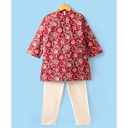 Babyhug 100% Cotton Woven Full Sleeves Kurta & Pyjama Set Floral Print - Red