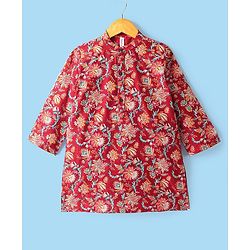 Babyhug 100% Cotton Woven Full Sleeves Kurta & Pyjama Set Floral Print - Red