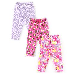 Babyhug Cotton Lycra Knit Full Length Stretchable Leggings Checks & Floral Print Pack of 3 - Pink & Purple