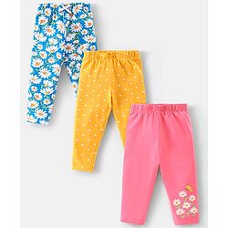 Babyhug Cotton Lycra Full Length Stretchable Leggings Floral & Dot Print Pack of 3- Yellow Pink & Blue