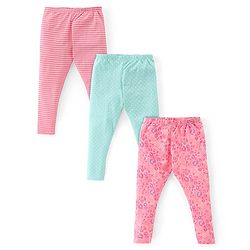 Babyhug Cotton Lycra Full Length Leggings Stripes & Dot Print Pack of 3- Pink & Blue