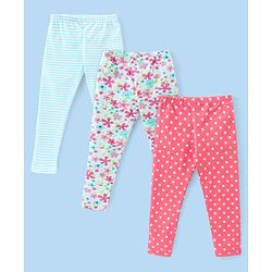 Babyhug Cotton Lycra Full Length Polka Dots & Floral Printed Leggings Pack of 3 - Multicolour