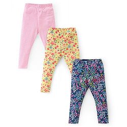Babyhug Cotton Lycra Full Length Leggings Stripes & Floral Print Pack of 3- Pink Yellow & Blue