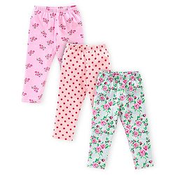 Babyhug Cotton Lycra Knit Full Length Stretchable Leggings Polka Dot & Floral Print Pack of 3 - Peach Pink & Green