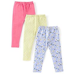 Babyhug Cotton Lycra Full Length Leggings Floral Print Pack of 3 - Pink Yellow & Blue