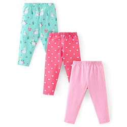 Babyhug Cotton Lycra Knit Full Length Leggings with Stretch & Heart Print Pack of 3 - Pink & Green