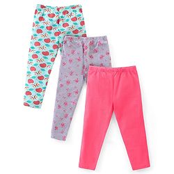 Babyhug Cotton Lycra Full Length Solid & Floral Printed Leggings Pack of 3 - Multicolour