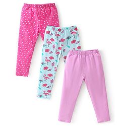 Babyhug Cotton Lycra Full Length Leggings Hearts Printed Pack of 3 - Pink Blue & Lilac