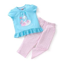 Babyhug Cotton Knit Half Sleeves Swan Printed Night Suit - Blue & Pink