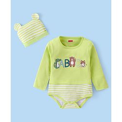Babyhug 100% Cotton Full Sleeves Onesies With Cap Stripes & Dino Print- Green
