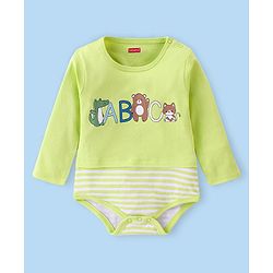Babyhug 100% Cotton Full Sleeves Onesies With Cap Stripes & Dino Print- Green