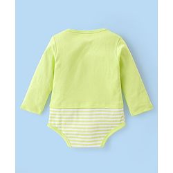 Babyhug 100% Cotton Full Sleeves Onesies With Cap Stripes & Dino Print- Green