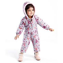 Babyhug Woven Full Sleeves Winter Wear Hooded Romper with Front Zipper Floral Print - Purple & Pink