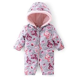 Babyhug Woven Full Sleeves Winter Wear Hooded Romper with Front Zipper Floral Print - Purple & Pink