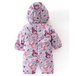 Babyhug Woven Full Sleeves Winter Wear Hooded Romper with Front Zipper Floral Print - Purple & Pink