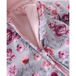 Babyhug Woven Full Sleeves Winter Wear Hooded Romper with Front Zipper Floral Print - Purple & Pink