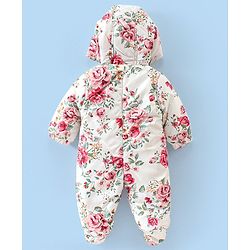 Babyhug Woven Full Sleeves Winter Wear Hooded Romper with Front Zipper Floral Print - White & Pink