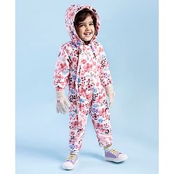 Babyhug Woven Full Sleeves Winter Wear Hooded Romper Floral Print - Multicolour