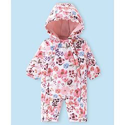 Babyhug Woven Full Sleeves Winter Wear Hooded Romper Floral Print - Multicolour