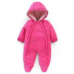Babyhug Full Sleeves Foil Printed Hooded Winter Wear Romper - Fuchsia