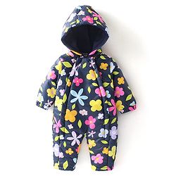 Babyhug Woven Full Sleeves Winter Wear Hooded Romper with Floral Print - Navy Blue