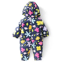 Babyhug Woven Full Sleeves Winter Wear Hooded Romper with Floral Print - Navy Blue