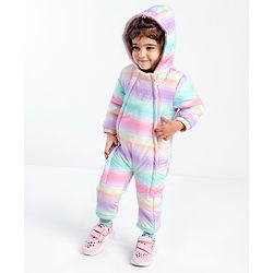 Babyhug Woven Full Sleeves Striped Winter Wear Hooded Romper - Multicolour