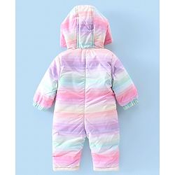 Babyhug Woven Full Sleeves Striped Winter Wear Hooded Romper - Multicolour