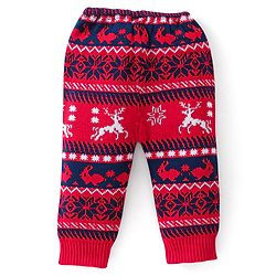 Babyhug Full Length Fleece and Woollen Pant with Reindeer Design - Red & Navy Blue