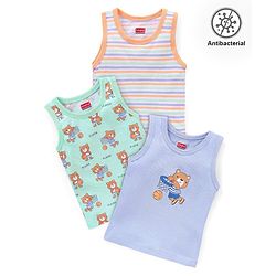 Babyhug 100% Cotton Antibacterial Vests Teddy Print Pack Of 3 - Green & Purple