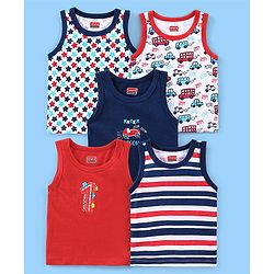 Babyhug 100% Cotton Antibacterial Sleeveless Sando Vests Stripes & Car Print Pack of 5- Blue Red & White
