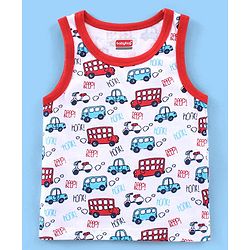 Babyhug 100% Cotton Antibacterial Sleeveless Sando Vests Stripes & Car Print Pack of 5- Blue Red & White