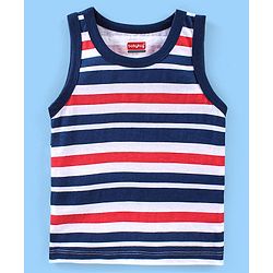 Babyhug 100% Cotton Antibacterial Sleeveless Sando Vests Stripes & Car Print Pack of 5- Blue Red & White