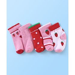 Cute Walk By Babyhug Anti Bacterial Non Terry Ankle Length Strawberry Print Socks Pack Of 5 - Pink & Red