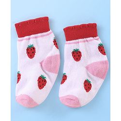 Cute Walk By Babyhug Anti Bacterial Non Terry Ankle Length Strawberry Print Socks Pack Of 5 - Pink & Red