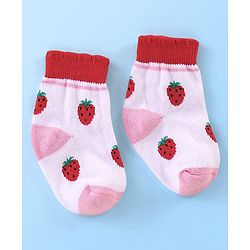 Cute Walk By Babyhug Anti Bacterial Non Terry Ankle Length Strawberry Print Socks Pack Of 5 - Pink & Red