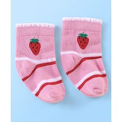 Cute Walk By Babyhug Anti Bacterial Non Terry Ankle Length Strawberry Print Socks Pack Of 5 - Pink & Red