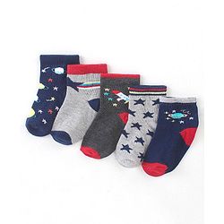 Cute Walk by Babyhug Cotton Blend Ankle Length Anti Bacterial Socks Space Design Pack of 5 - Blue & Grey