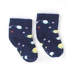 Cute Walk by Babyhug Cotton Blend Ankle Length Anti Bacterial Socks Space Design Pack of 5 - Blue & Grey