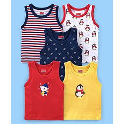 Babyhug 100% Cotton Antibacterial Sleeveless Sando Vests Stripes & Penguin Print Pack of 5- Blue Red & Yellow
