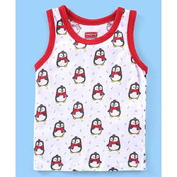 Babyhug 100% Cotton Antibacterial Sleeveless Sando Vests Stripes & Penguin Print Pack of 5- Blue Red & Yellow