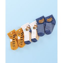 Cute Walk by Babyhug Anti Bacterial Ankle Length Socks Tiger Design Pack Of 3 - Blue White & Yellow